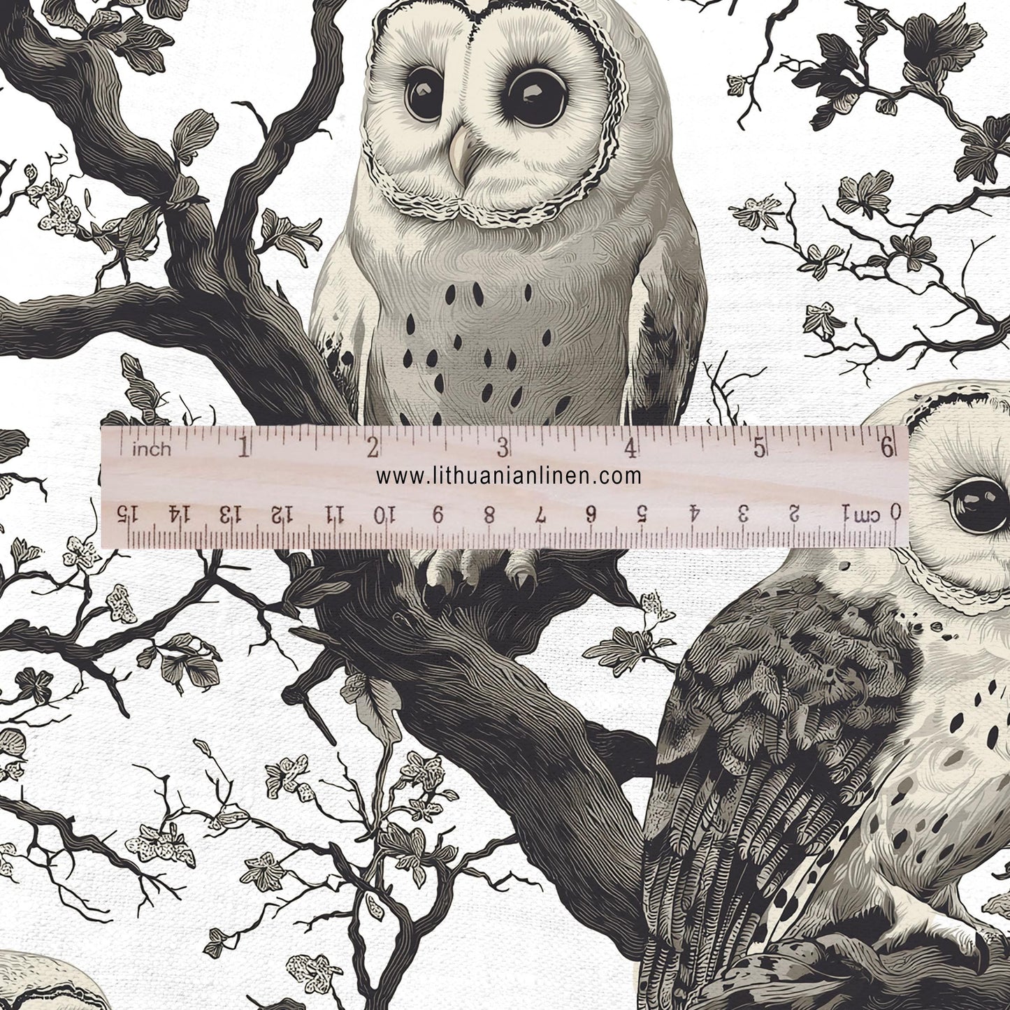 100% LINEN Fabric Animal print with owl - 2411