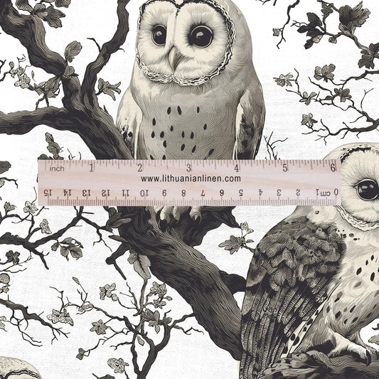 100% LINEN Fabric Animal print with owl - 2411