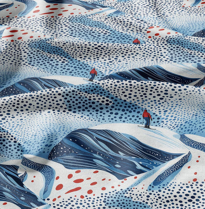 100% LINEN Fabric Snowy mountain scenery - skiiing print 2380