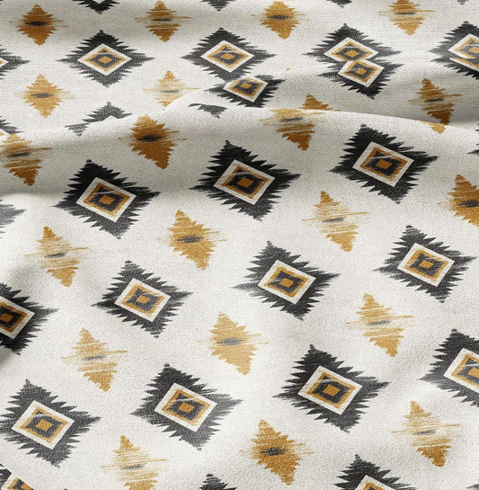 100% LINEN Fabric Abstract Western tribal print - yellow white 2419