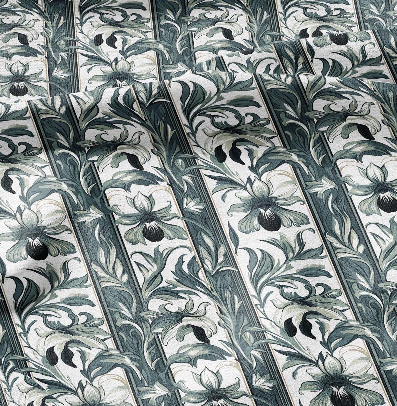 100% LINEN Fabric Art Noveau floral - narcissus botanical green white 2418
