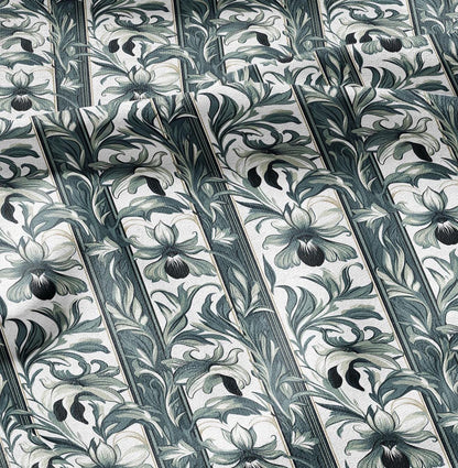 100% LINEN Fabric Art Noveau floral - narcissus botanical green white 2418