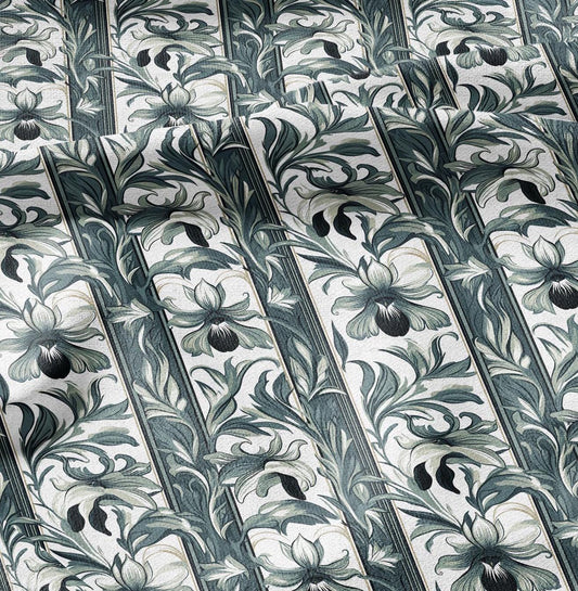 100% LINEN Fabric Art Noveau floral - narcissus botanical green white 2418