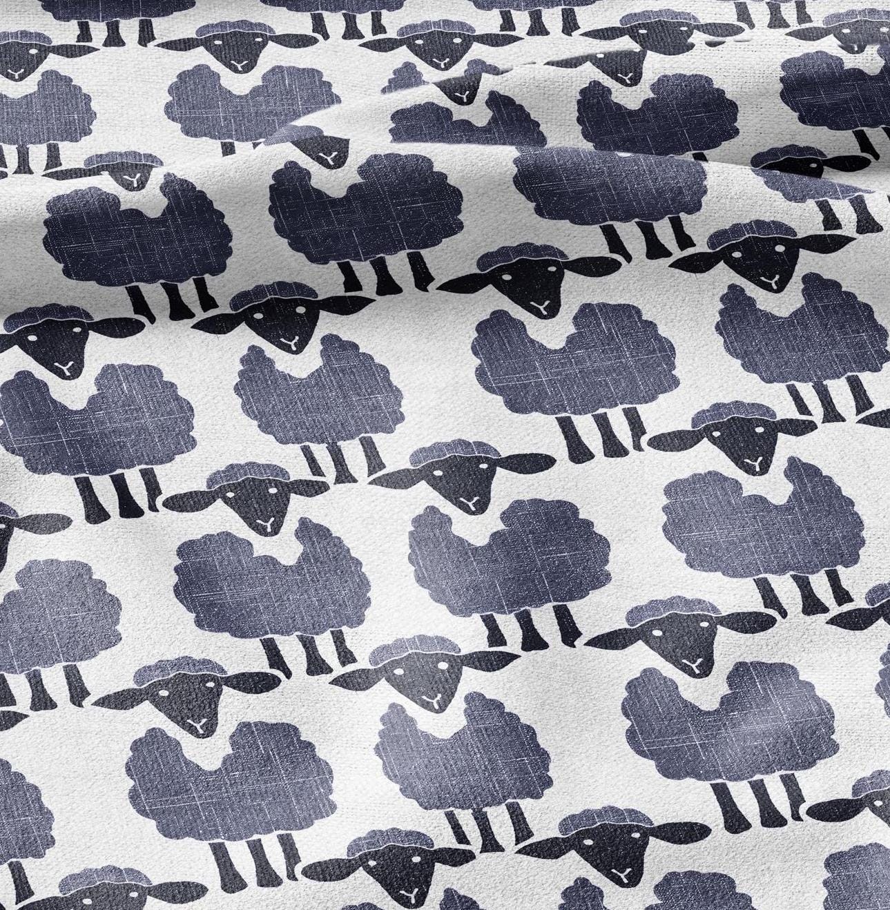 100% LINEN Fabric Sheep blue white - animal print 2428