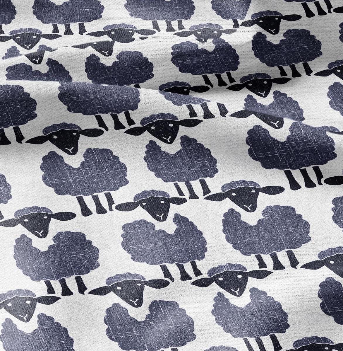 100% LINEN Fabric Sheep blue white - animal print 2428