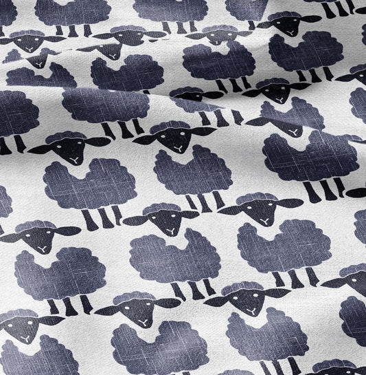 100% LINEN Fabric Sheep blue white - animal print 2428