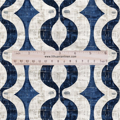 100% LINEN Fabric stripe squirl print - navy blue white 2424
