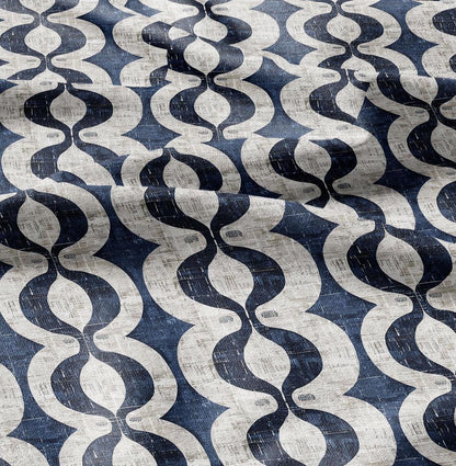 100% LINEN Fabric stripe squirl print - navy blue white 2424