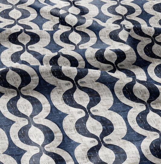 100% LINEN Fabric stripe squirl print - navy blue white 2424