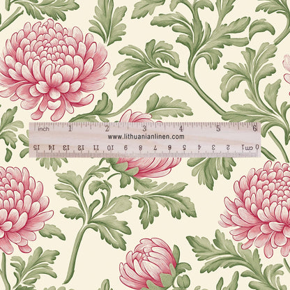 100% linen fabric Chrysanthemum print - floral beige pink green 2415