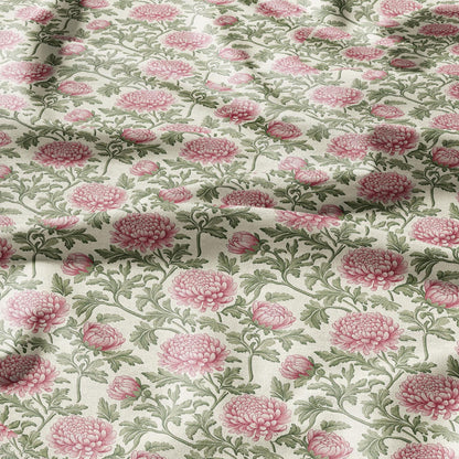 100% linen fabric Chrysanthemum print - floral beige pink green 2415