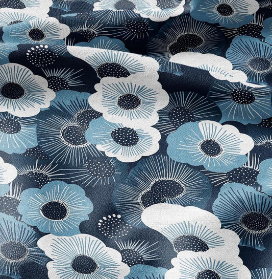 100% LINEN Fabric Kalevala flower blue print - floral Finnish 2420