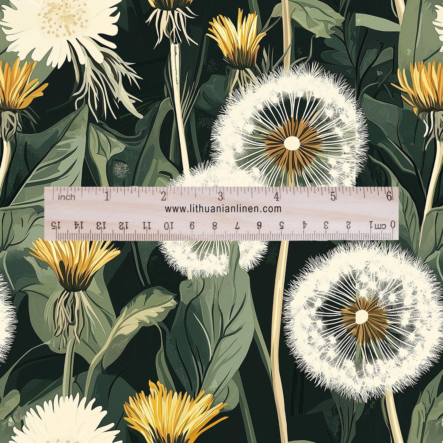 100% linen fabric Dandelion field print - floral green yellow 2429