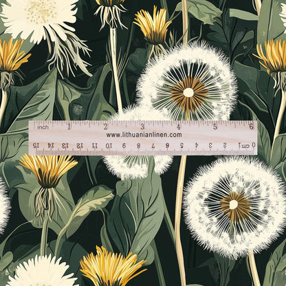 100% linen fabric Dandelion field print - floral green yellow 2429