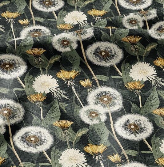 100% linen fabric Dandelion field print - floral green yellow 2429