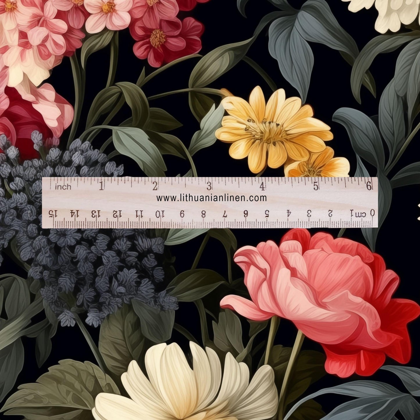 100% linen fabric baroque flower print - floral red black 2421