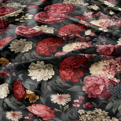 100% linen fabric baroque flower print - floral red black 2421