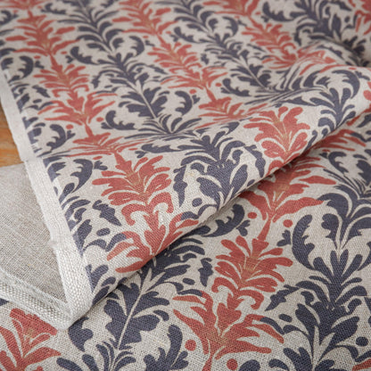 100% LINEN Fabric block print on oatmeal linen - red grey 2241
