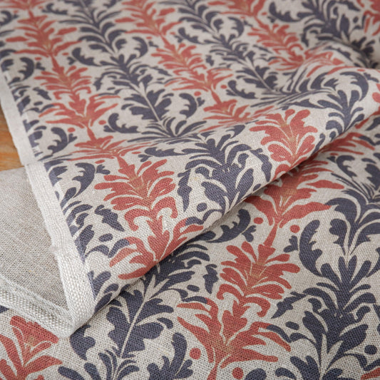 100% LINEN Fabric block print on oatmeal linen - red grey 2241