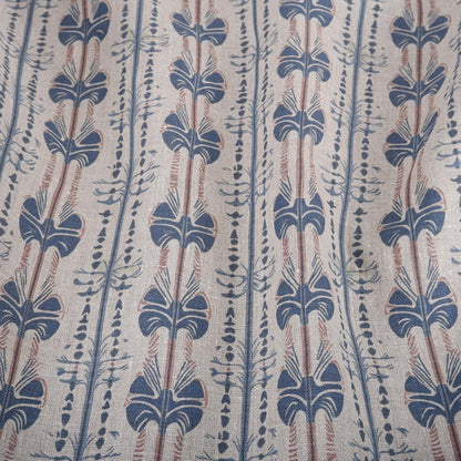 100% LINEN Fabric Stripe abstract blue red grey block print 2237