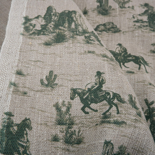 100% LINEN Fabric Toile de Jouy Cowboy in desert  - green grey 2208