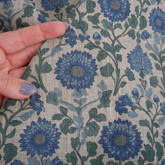 100% LINEN Fabric Mughal floral print  - blue green grey 2214