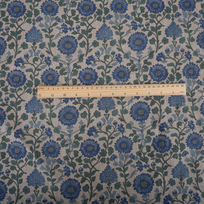 100% LINEN Fabric Mughal floral print  - blue green grey 2214