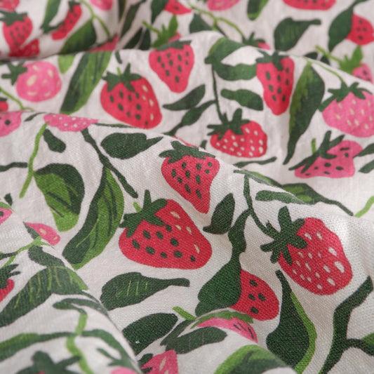 100% LINEN Fabric with strawberry field print - beige pink red green 2077