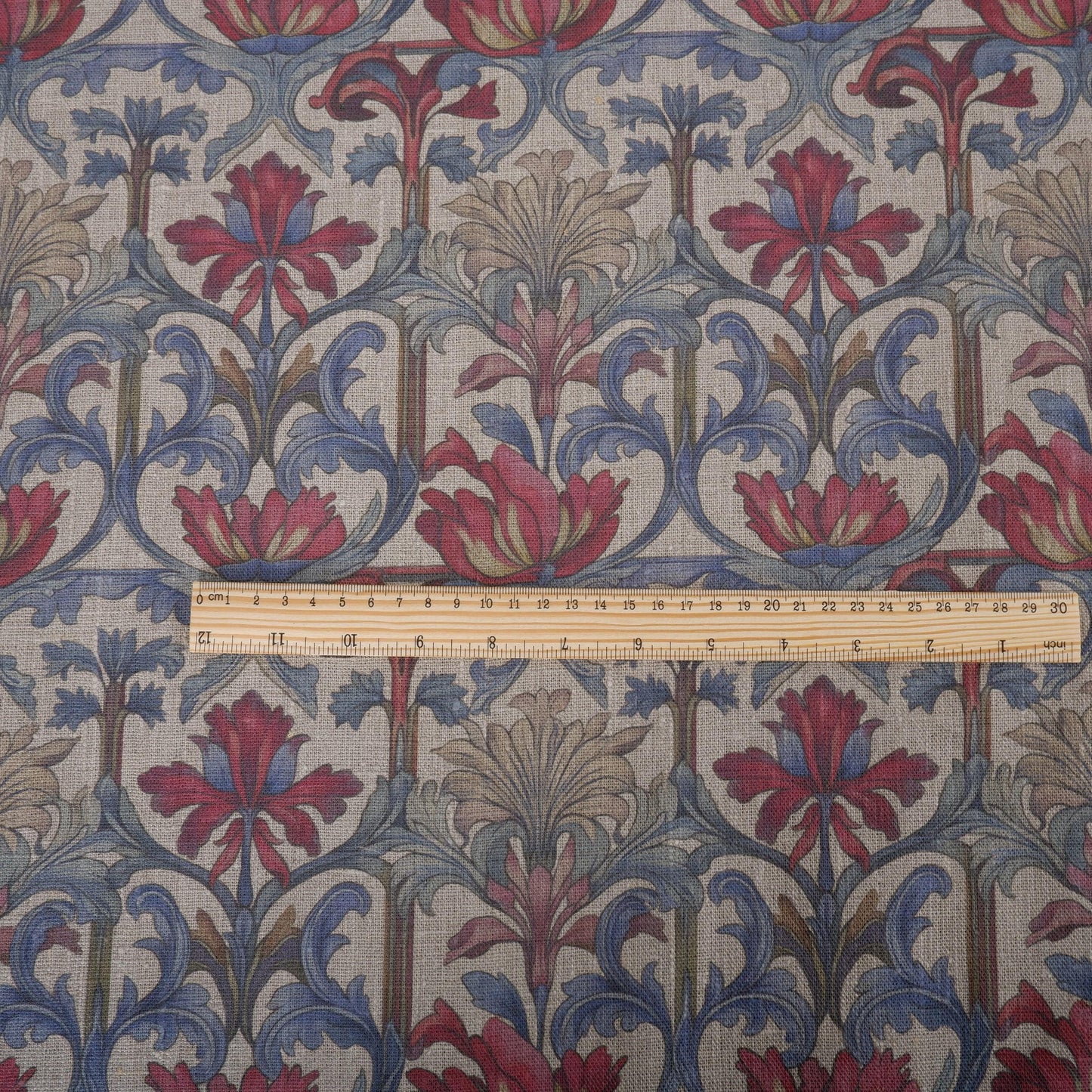 100% LINEN Fabric Art Noveau  - Arched floral print 2236