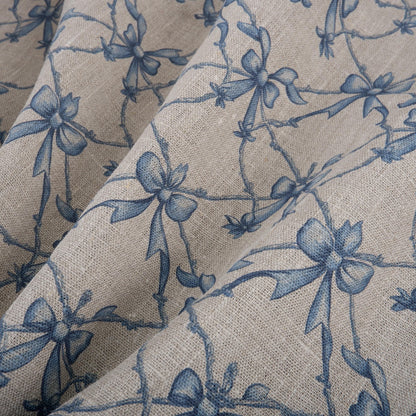 100% LINEN Fabric Blue Ribbon bow on oatmeal linen - Nursery print 2235
