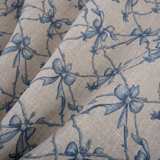 100% LINEN Fabric Blue Ribbon bow on oatmeal linen - Nursery print 2235