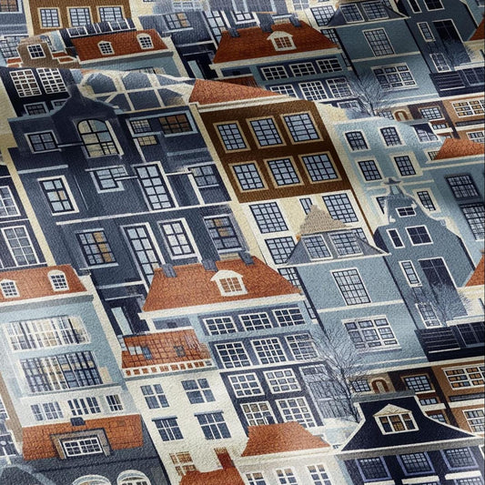 100% LINEN Fabric Amsterdam houses Holand scenery print  - navy blue red 2264