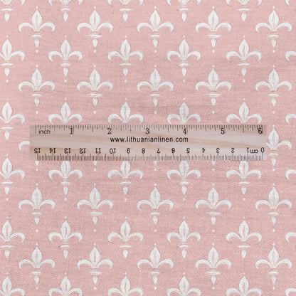 100% LINEN Fabric Fleur de lis print - pink white 2273