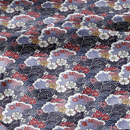 100% LINEN Fabric Japanese Ikigai Print - red navy waves floral 2201