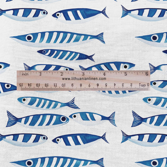 100% LINEN Fabric Sardines fish - animal blue white print 2273