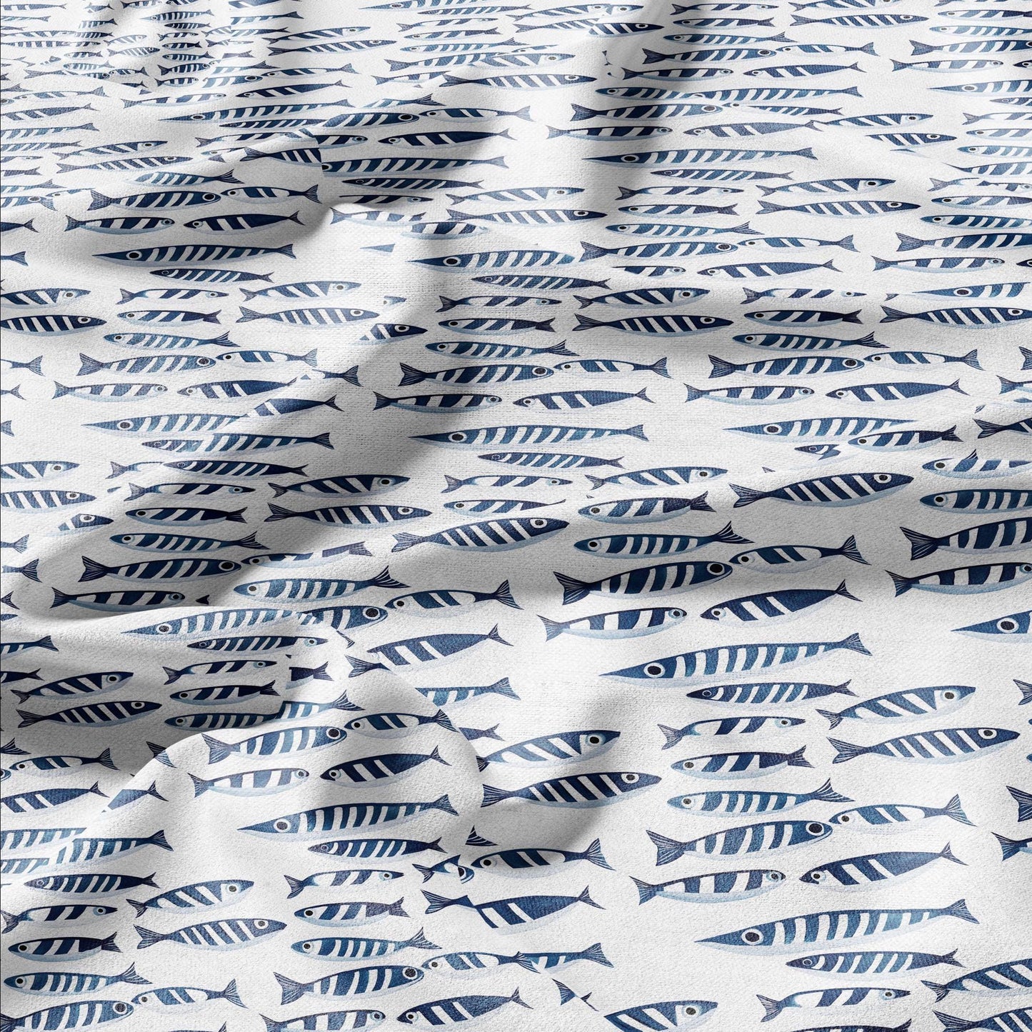 100% LINEN Fabric Sardines fish - animal blue white print 2273