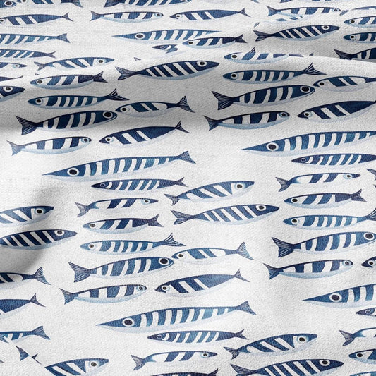 100% LINEN Fabric Sardines fish - animal blue white print 2273