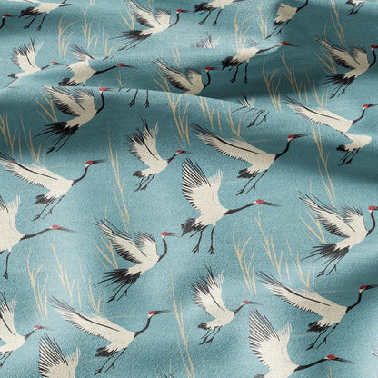 100% LINEN Fabric Cranes print -birds blue white 2271