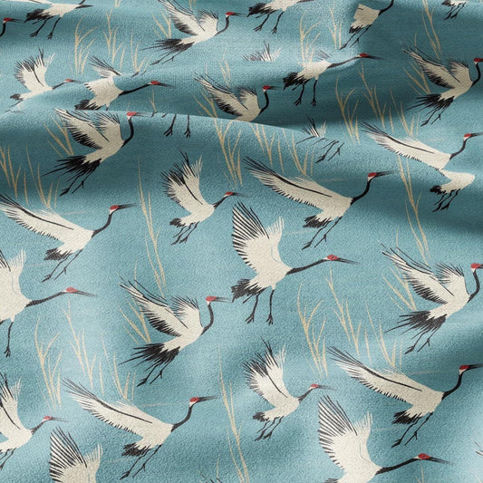 100% LINEN Fabric Cranes print -birds blue white 2271