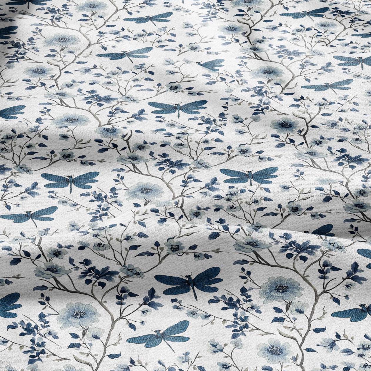 100% LINEN Fabric Dragonflies in field print - blue white meadow 2283