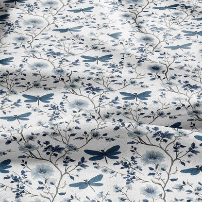 100% LINEN Fabric Dragonflies in field print - blue white meadow 2283