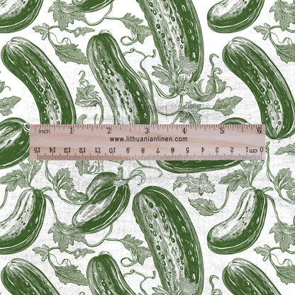 100% LINEN Fabric Green Cucumber print - green white 2268
