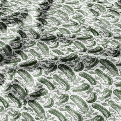 100% LINEN Fabric Green Cucumber print - green white 2268