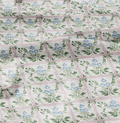 100% LINEN Fabric green blue pink floral print 2344