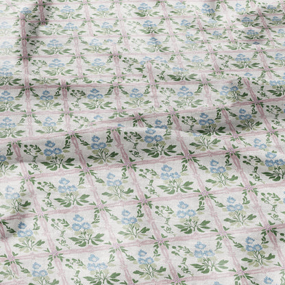 100% LINEN Fabric green blue pink floral print 2344