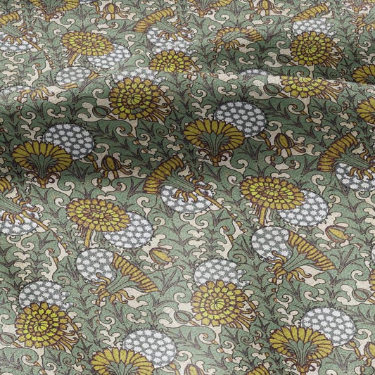 100% linen  fabric - Vintage Dandelion green yellow print 2470