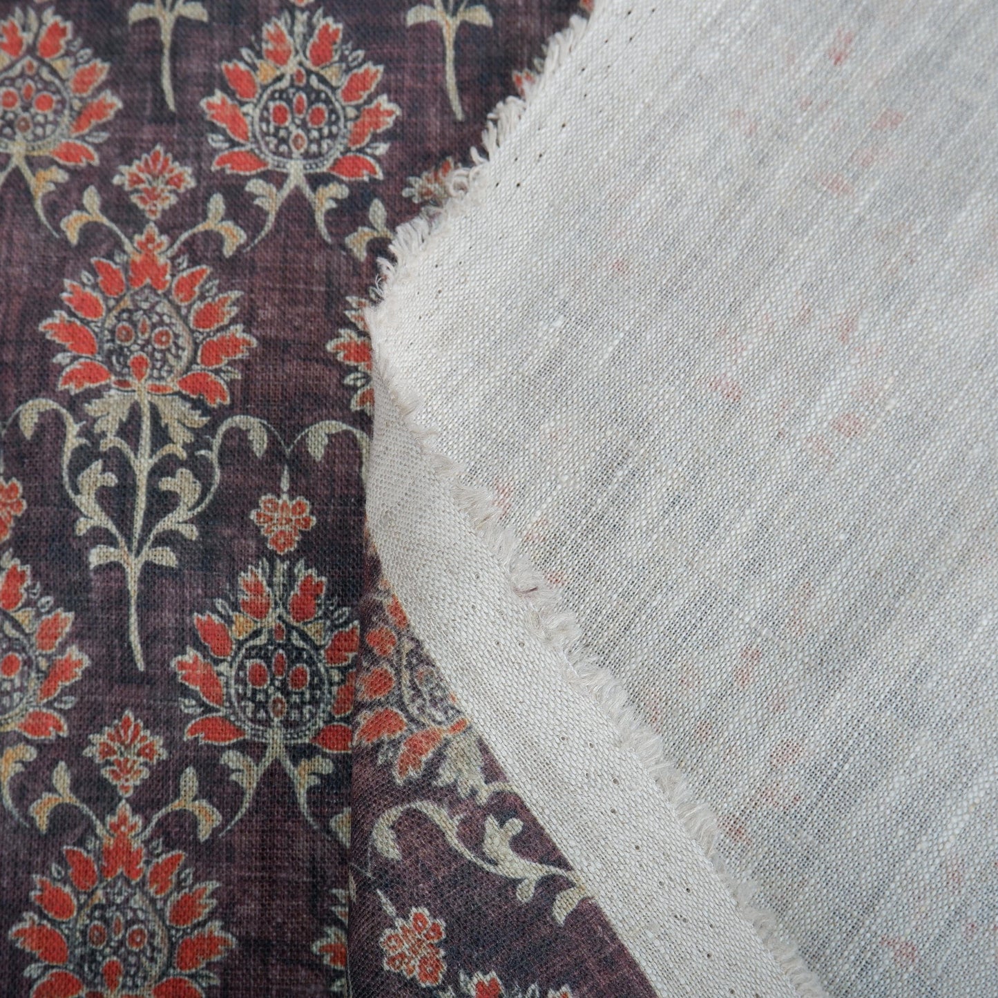 100% LINEN Fabric in floral block print - brown red 2348