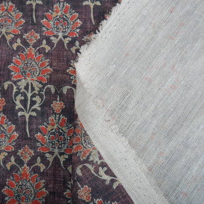 100% LINEN Fabric in floral block print - brown red 2348