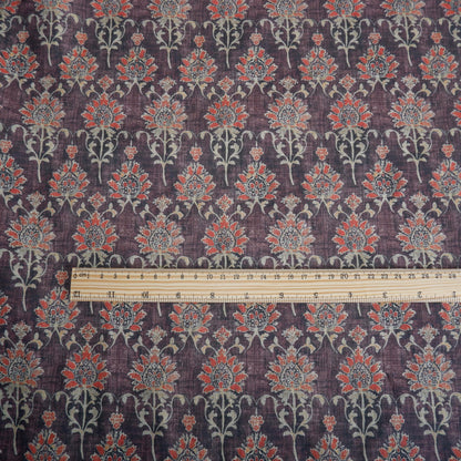 100% LINEN Fabric in floral block print - brown red 2348