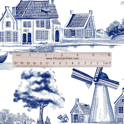 100% LINEN Fabric Delft Holand scenery print - blue white 2160